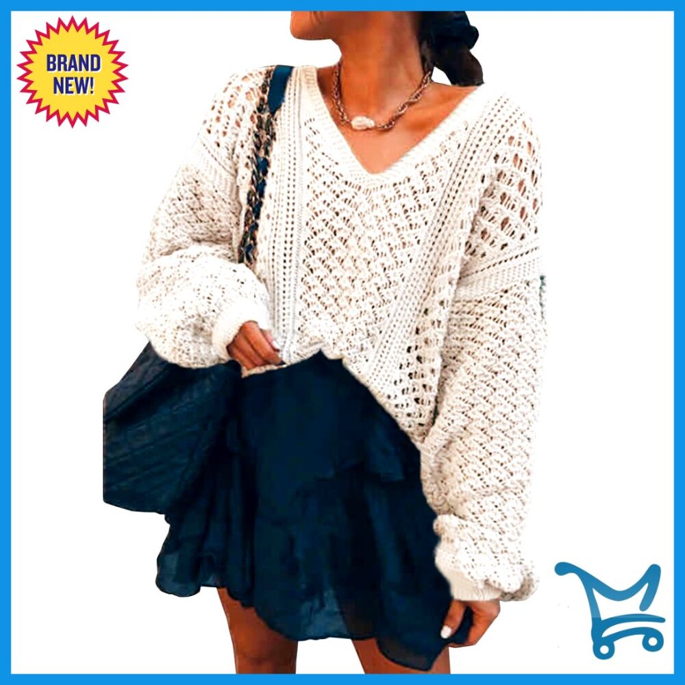 Oversized V Neck Crochet Sweater Batwing Sleeve Pullover Casual Sexy Y2k